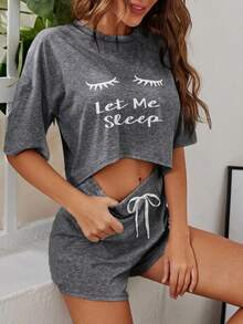 Slogan Graphic Drop Shoulder Pyjama Set