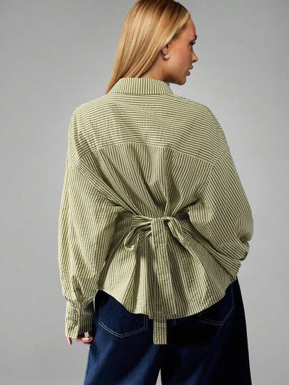 MISSGUIDED 超大号纽扣长袖条纹棉麻质感衬衫，后背系带设计，休闲周末翻领衬衫，秋季春季时尚