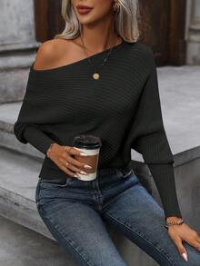 EMERY ROSE Elegant Ribbed Knit Pullover Sweater - Black - View 6