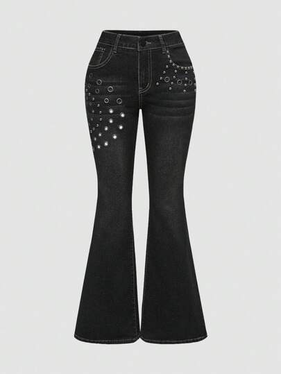 Grunge Punk Y2K Retro Sexy Flare Low Waist Jeans, Punk Rock Metal Style Tight Fit Women Jeans