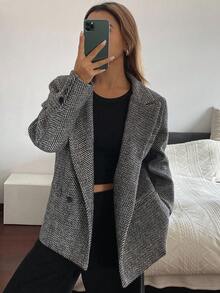 Livesso 女士宽松翻领西装外套，秋季商务装 - 灰色 - 查看 3