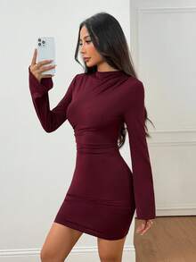 SHEIN PETITE 女款優雅酒紅色高領百褶修身緊身迷你洋裝，秋季晚餐約會長袖喇叭袖聖誕派對紅洋裝，適合嬌小女性 - 酒紅色 - 查看 7