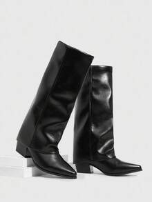 CUCCOO SZL Bottes hautes à bout pointu et enfiler pour femmes, en cuir lisse noir avec talon épais, mi-mollet, sexy et polyvalentes