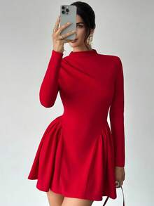 Firerie 女士优雅简约精致浪漫甜美日常通勤婚礼派对音乐节度假褶皱 A 字迷你连衣裙，女士派对礼服，长袖短裙，春秋冬装，优雅，通勤，性感，浪漫，约会，派对，婚礼季，毕业礼服，毕业舞会，表演服，音乐会，工作服，女士生日礼服，女士教师装 - 紅色 - 查看 5