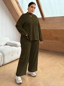 SHEIN Essnce 大码纯色立领长袖宽松时尚衬衫和裤子两件套 - 橄欖綠 - 查看 5