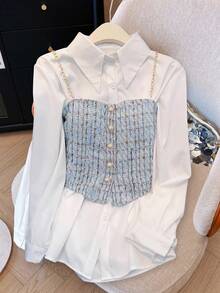 GlowEve 女式纯色简约长袖 T 恤和吊带背心两件套，日常穿着 - 藍白色 - 查看 3