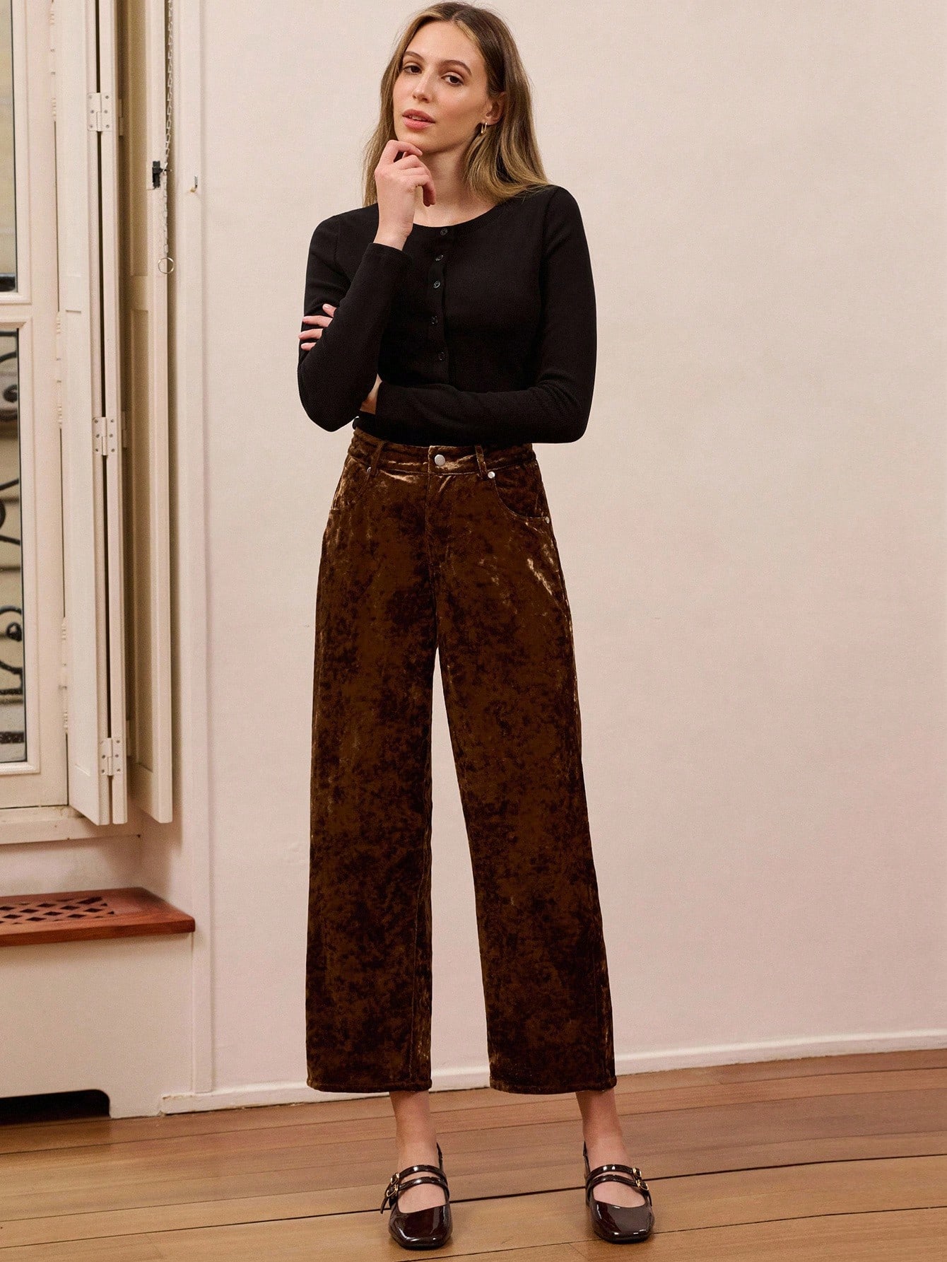 Herbst Vintage braune zerknitterte Samt Straight-Leg Hose Herbst Frauenkleidung Herbst Winter