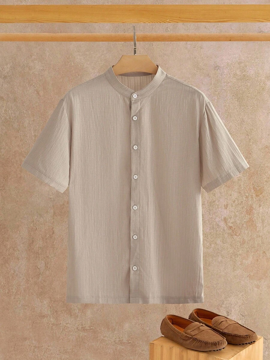 HIMLAND Men's Casual Solid Color Short Sleeve Shirt