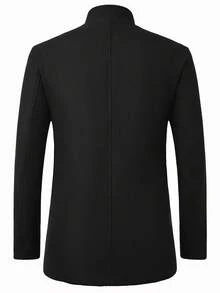 Manfinity Homme Men's Long Sleeve Minimalist Solid Color Stand Collar Single-Breasted Overcoat, Autumn/Winter , Black - Black - View 2