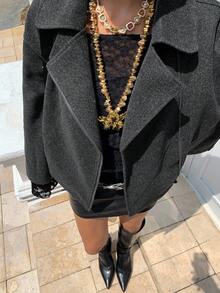 DAZY 女士纯色翻领长袖宽松休闲常规外套，秋冬女式大衣 - 灰色 - 查看 5