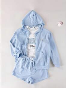 1 套青少年女孩休闲时尚浅蓝色拉链长袖连帽衫和配套短裤，春夏 - 淺色水洗藍 - 查看 1
