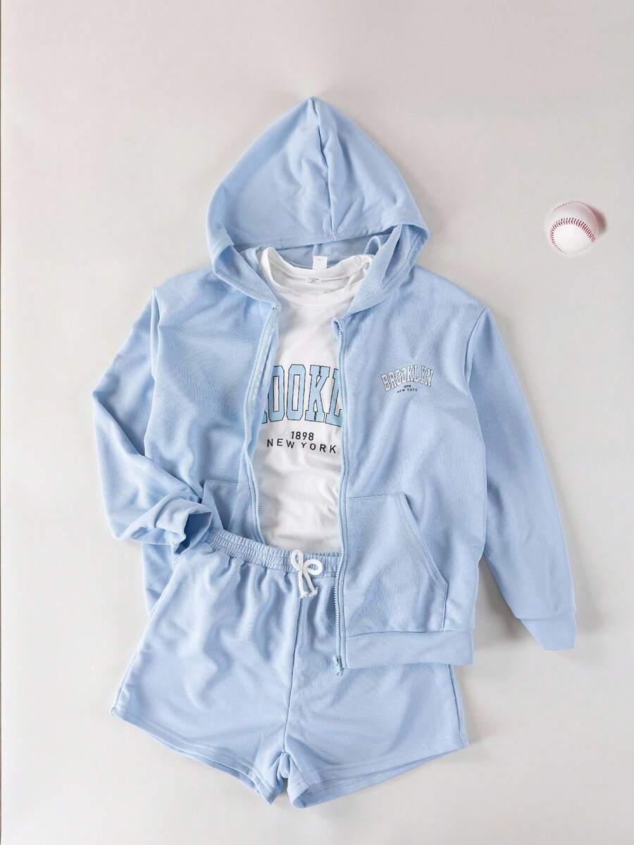 1 套青少年女孩休闲时尚浅蓝色拉链长袖连帽衫和配套短裤，春夏 - 淺色水洗藍 - 查看 1