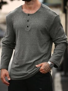 Manfinity Homme 男士纯色纽扣半开襟长袖休闲T恤，秋季款 - 軍綠色 - 查看 8