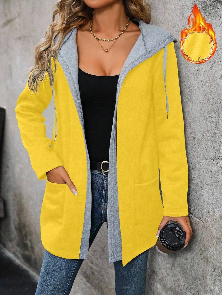 EMERY ROSE Color Block Thermal Lined Hooded Pocket Casual Long Sleeve Jacket - Yellow - View 1