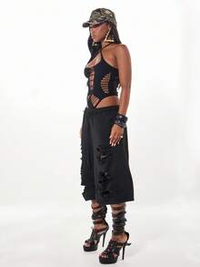 SUMWON WOMEN Mesh Panel Cross Back Sleeveless Bodysuit With Cutout Detail Festival Club Party Summer Beach Wear Stretch Form Fitting Strappy Halter Neck Design - Black - View 4