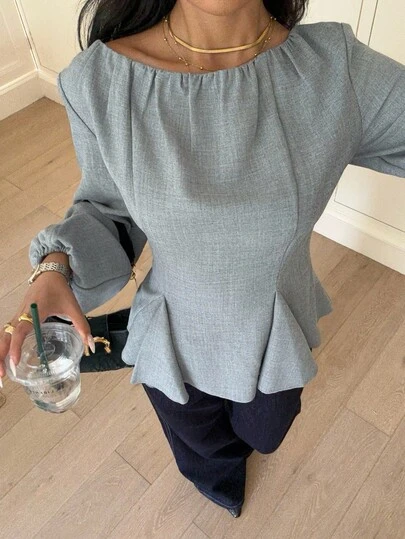 Siren Gaze Women's Solid Color Ruffle Detail Long Sleeve Blouse, Elegant For Commuting, Slim Fit Shirt, Autumn/Winter Peplum Blouse Grey Blouse Lantern Sleeve Blouse Modest Blouse Light Blue Blouse Casual Spring