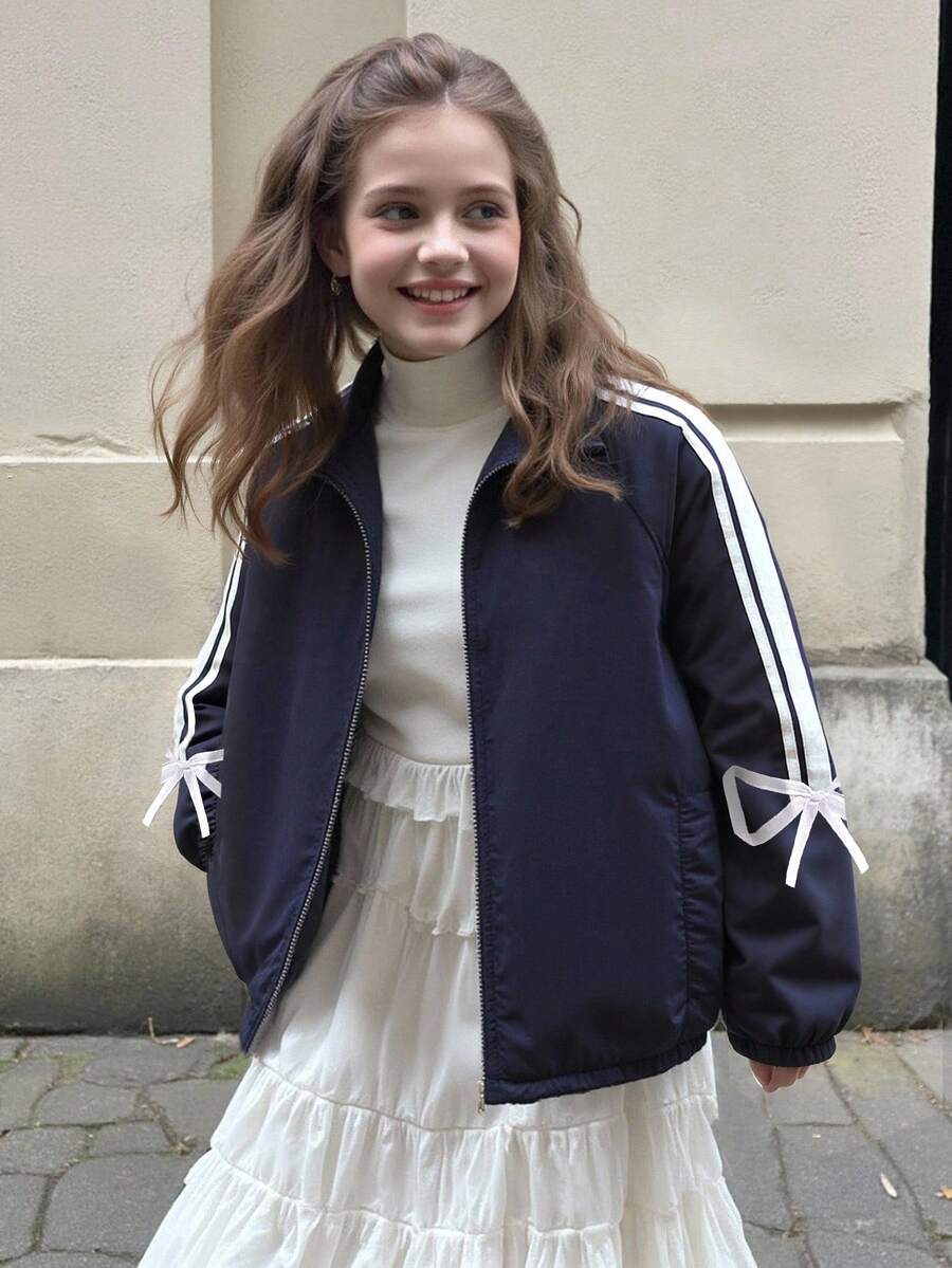 SHEIN Girls' Fashion Sweet Side Ribbon Bow Zip-Up Jacket, Suitable For Spring And Autumn