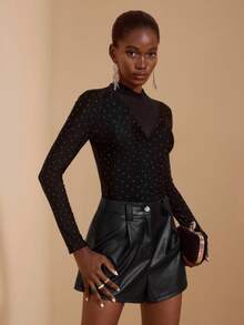 JIAN LASALA Tuta nera con collo alto, maglia luccicante, trasparente in rete, maniche lunghe, sexy, per feste, tuta casual a maniche lunghe da donna, tuta con paillettes, tuta da donna con paillettes, collezione di abbigliamento elegante e alla moda