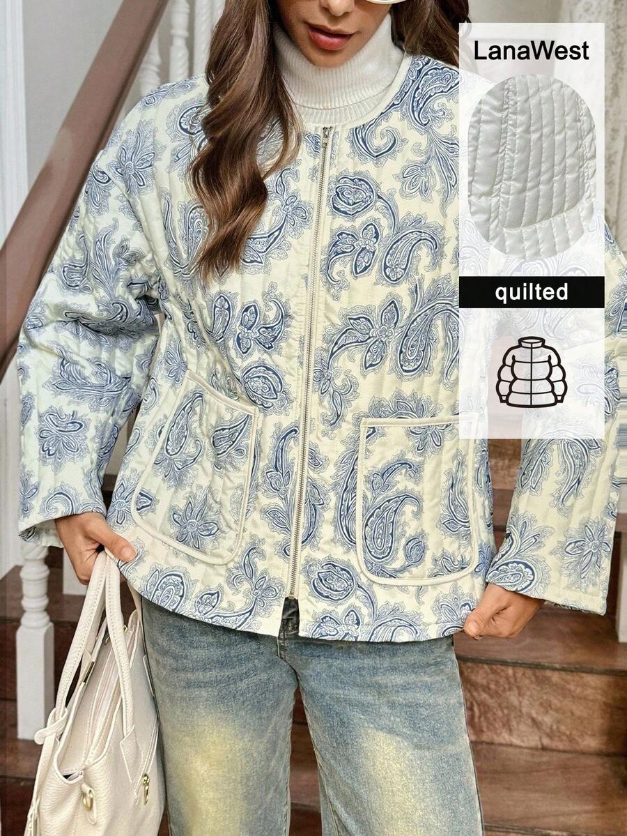 LanaWest 女式杏色底蓝色花卉印花缝线三合一圆领前开金属拉链设计口袋蝙蝠袖休闲乡村度假风格宽松冬季夹克 - 藍色 - 查看 1