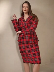 Chikora 加大码格子印花长袖上衣和半裙两件套西装裙套装格子套装红色格子连衣裙女装 - 黑與白 - 查看 6