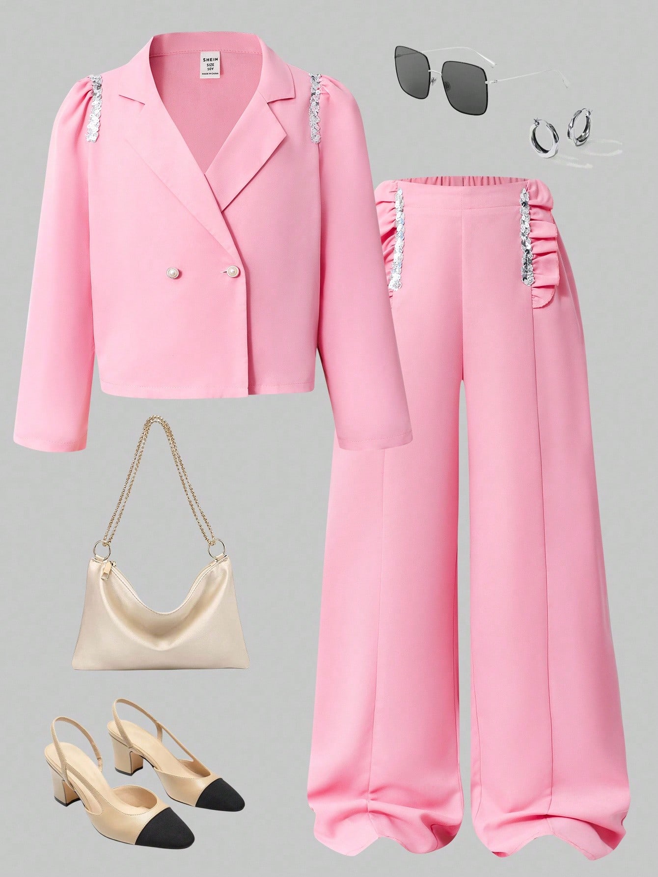 SHEIN بدلة بليزر أنيقة مزينة بالكريستال الأبيض مصن...