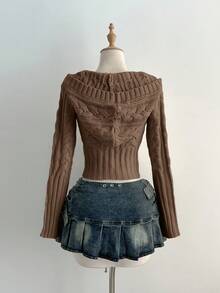 Elamini Casual Versatile Solid Color Cable Half-Zip Sweater - Brown - View 2