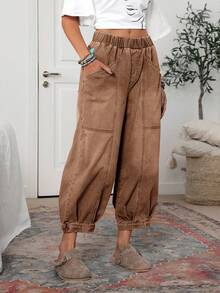 EMERY ROSE 女式休闲松紧腰宽松水洗牛仔裤，秋季 - 咖啡棕 - 查看 4