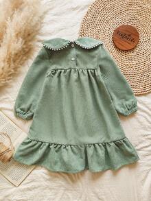 Vintaside Kids 年轻女孩清新绿色碎花修身长袖针织连衣裙，适合外出、休闲装、生日派对和聚会 - 綠色 - 查看 2