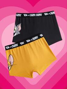TOM & JERRY X SHEIN 2 件男士舒适字母胶带和可爱卡通印花内裤，基本款休闲 - 棕色 - 查看 7