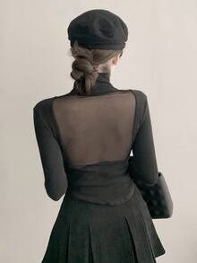 DAZY 女式休闲修身长袖立领 T 恤，背面网眼拼接，镂空设计 - 黑色 - 查看 4