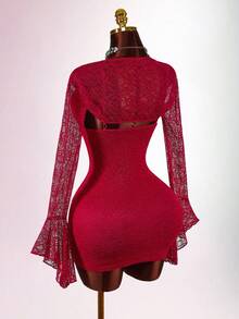 Y2K Amplova Red Sequin Skirt Christmas New Year Thanksgiving Party Elegant Retro Romance Sexy Sheer Lace Low-Cut Mini Dress Set, For Christmas Party Elegant Mini Dress Nightclub Dress Dresses For Women Night Club Dress Red Sparkly Dress,Party Dresses For Women - Red - View 7