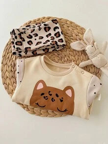 SHEIN 新生女婴可爱卡通图案针织长袖卫衣裤子套装，秋冬 - 杏色 - 查看 8