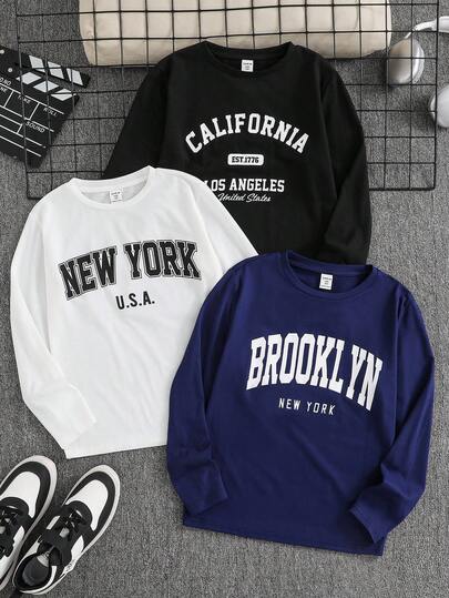 SHEIN 3件套青少年男孩休闲字母图案T恤，黑色、白色、绿色，适合通勤、上学、日常休闲装、运动、秋冬