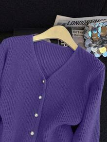 Qadelle Áo khoác cardigan dệt kim cài nút phía trước thường ngày dành cho nữ, Thu/Đông - Màu tím - Xem 8