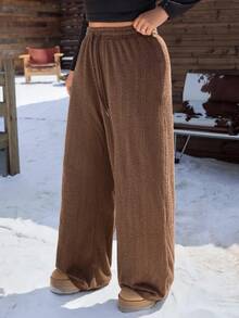 SHEIN EZwear Plus Size Women Drawstring Waist Wide Leg Loose Casual Brown Fuzzy Pants Knit Pants Elastic Waist Pants Brown Pants For Women Casual Pants - Brown - View 5