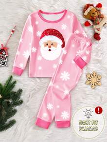 SHEIN 1 Set Young Girls Christmas Santa Claus Print Contrast Color Collar & Cuffs Design Pajamas, Snug Fit Comfortable Knit Long Sleeve Top And Pants, Sleepwear Loungewea R Snug Fit Christmas Pajamas Kids