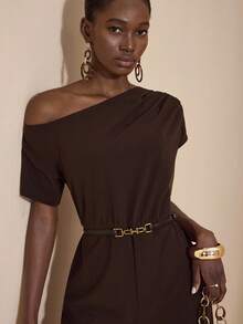 JIAN LASALA Women Asymmetric Coffee Brown One-Shoulder Short Sleeves Wide-Legs Solid Elegant Jumpsuit Autumn Casual Wear Party Outfits For Women Luxury Stylish Clothing Collection