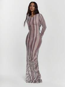 MUSERA Vestido maxi de manga larga con cuello redondo, ajustado, con estampado animal en malla, sexy para salir, otoño, noche, invierno, lindo, ropa de calle, Feraux, fiesta de Navidad, Acción de Gracias, elegante