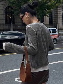 DAZY Autumn/Winter New Loose Oversized 2 In 1 Sweater, Round Neck Pullover Mohair Casual Style School - Grey - View 5