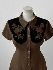Sunspun Fashionable Collared Casual Colorblock Print Waist A-Line Dress - Brown - View 3