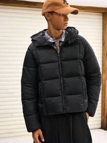 SWAVVY Men's Solid Color Zip-Up Casual Hooded Jacket, Winter - Black - View 5
