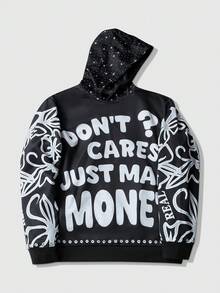 ROMWE MEN Goth Men's Fashionable Slogan Print Hoodie, Autumn - Black - View 1