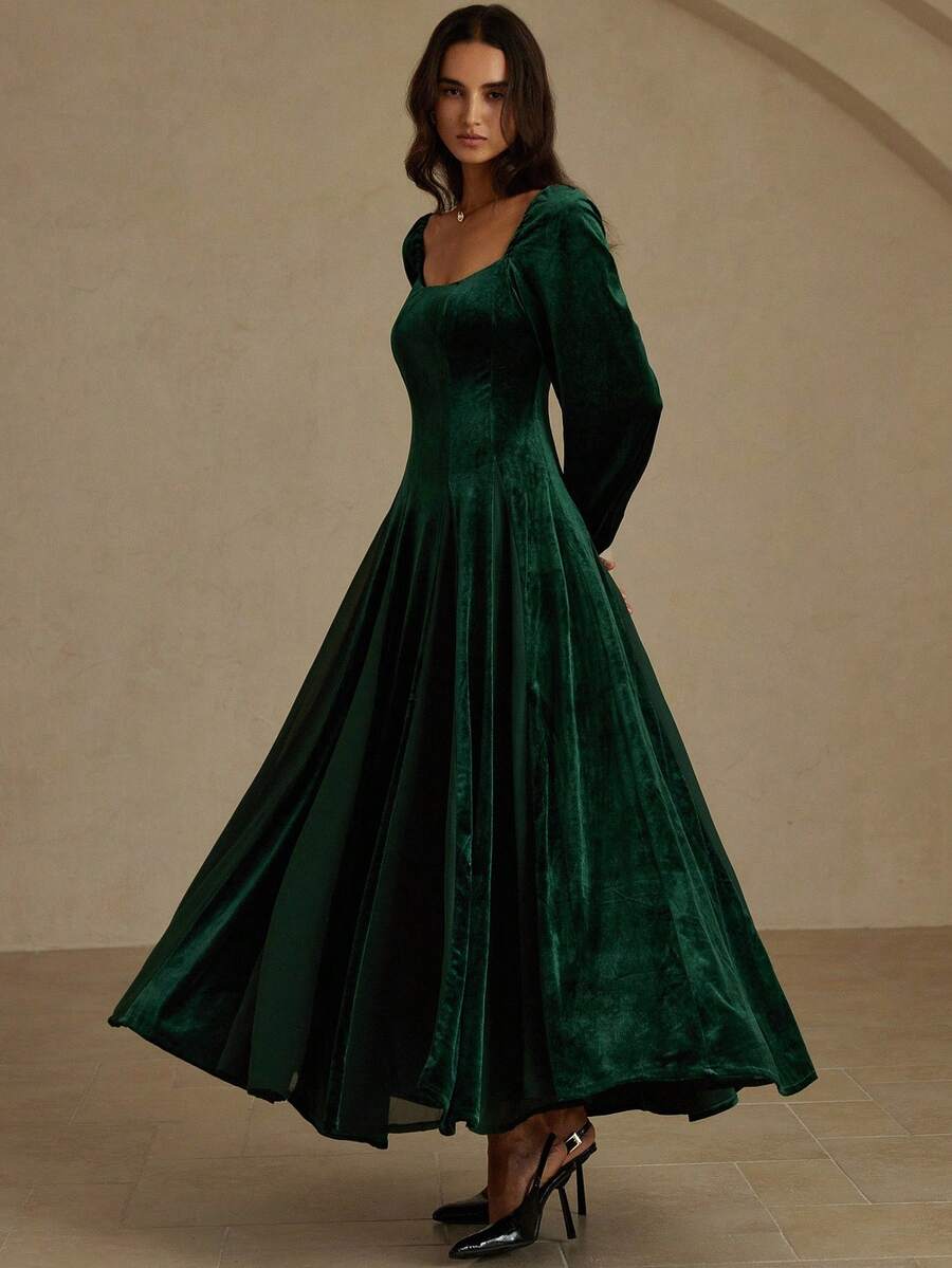 SHEIN LUNE Autumn English Style Korean Fleece & Pearl Chiffon Hem Splice Oversized Swing Long Sleeve Dress - Multicolor - View 1