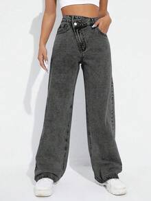 SHEIN EZwear 冬季加大码女式不对称腰身个性化时尚牛仔长裤 - 深灰色 - 查看 1