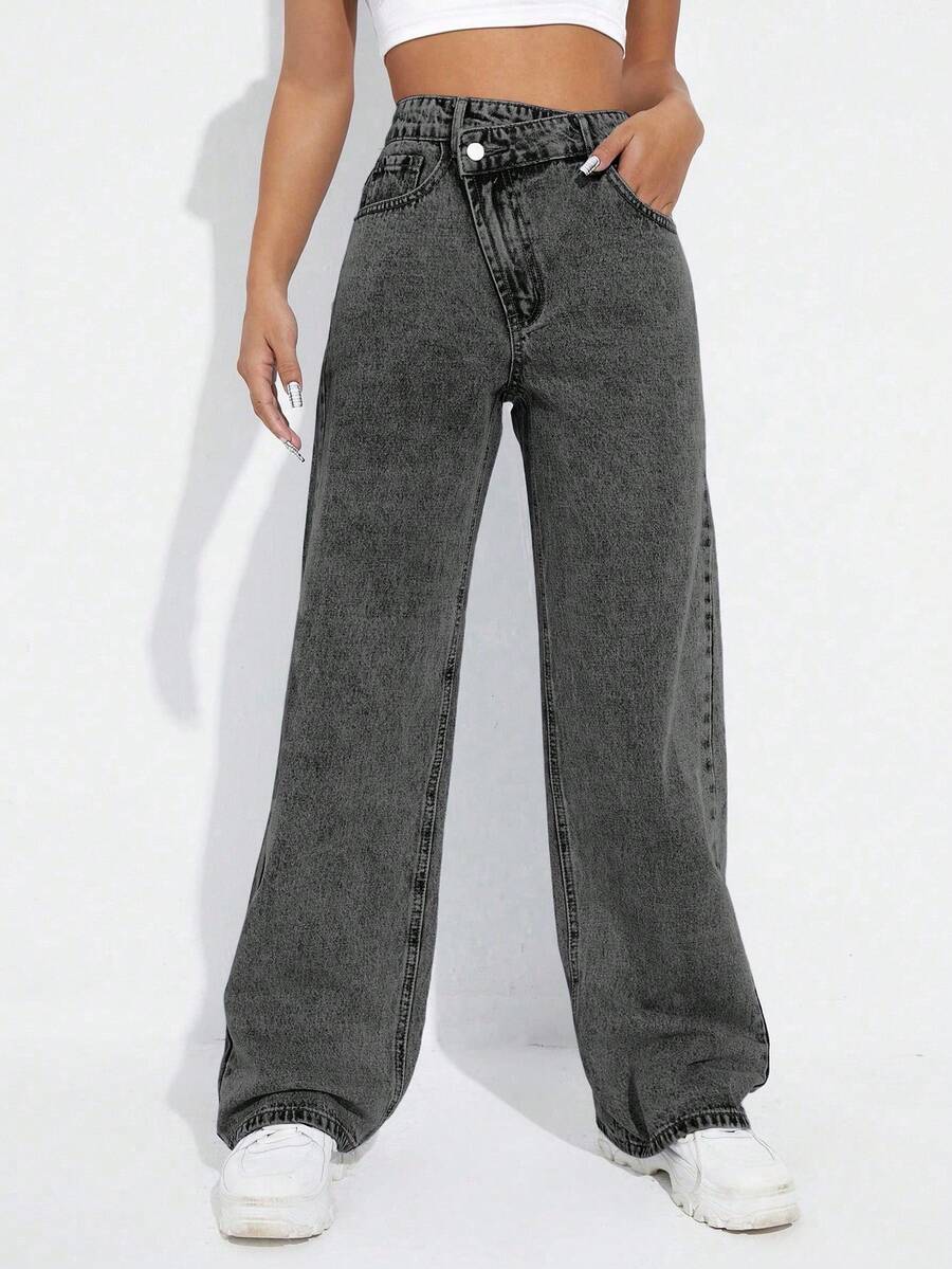 SHEIN EZwear 冬季加大码女式不对称腰身个性化时尚牛仔长裤 - 深灰色 - 查看 1
