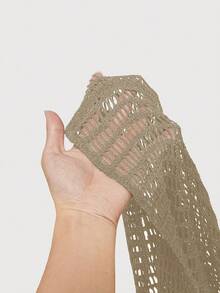 ROMWE Kawaii Y2K 破洞连帽针织上衣，百搭 - 卡其色 - 查看 5