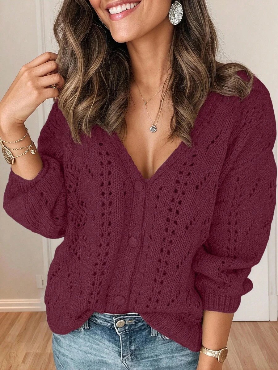 EMERY ROSE Women's Solid Color Hollow V-Neck Casual Knit Cardigan - Burgundy - View 1