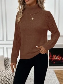 SHEIN Casual Solid Color Turtleneck Sweater, Autumn/Winter - Rust Brown - View 6