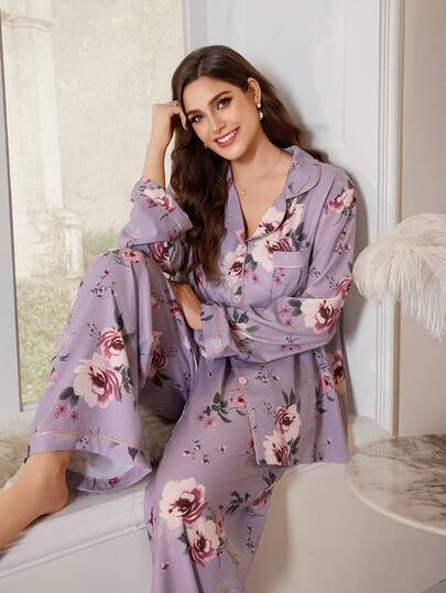 SHEIN 花卉印花衬衫式上衣和裤子睡衣套装，加大码家居服女式睡衣薰衣草色睡衣套装，舒适家居服，秋冬服装