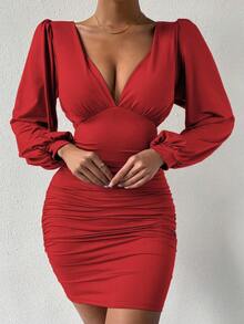 Chiquease Đầm suông dài tay dáng ôm, cổ chữ V sâu, màu trơn đơn giản dành cho nữ - Đỏ - Xem 6